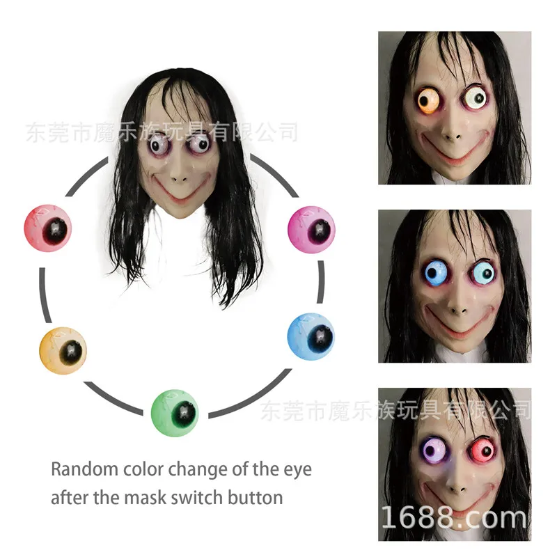 

2019 New Challenge Game Creepy Momo Mask with LED Function Halloween Hot Scary Full Face Momo Mask with Black Wigs