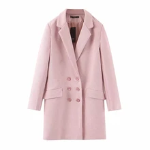 Розовый женский шерстяной Блейзер, куртки, зимние женские элегантные шерстяные пальто, двубортные блейзеры с длинным рукавом, куртка для девушек
