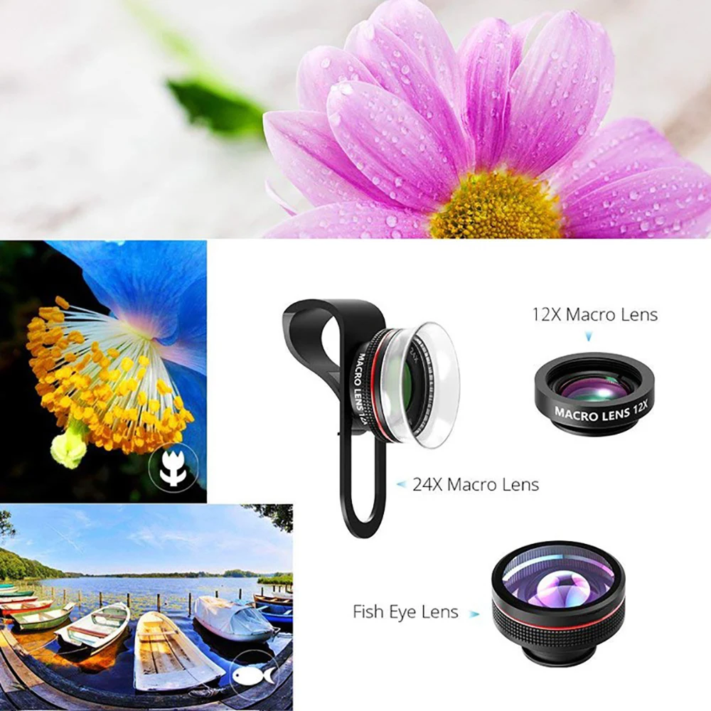 Mpow PA065 Phone Lens 3 in 1 Clip On Phone Camera Lenses Kit 24X Super Macro Lens 180 Degree Fisheye Lens For Iphone 8 7 6 Plus (3)