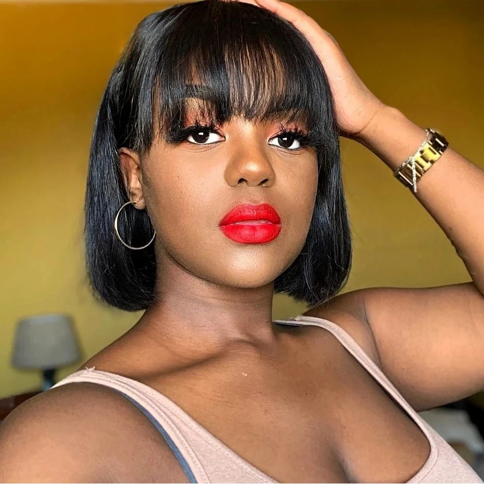 

Straight Bob Human Hair Wigs With Bang No Lace Full Machine Made Wigs Brazilian Remy Human Hair Bob Wigs For Woman 8-16inch