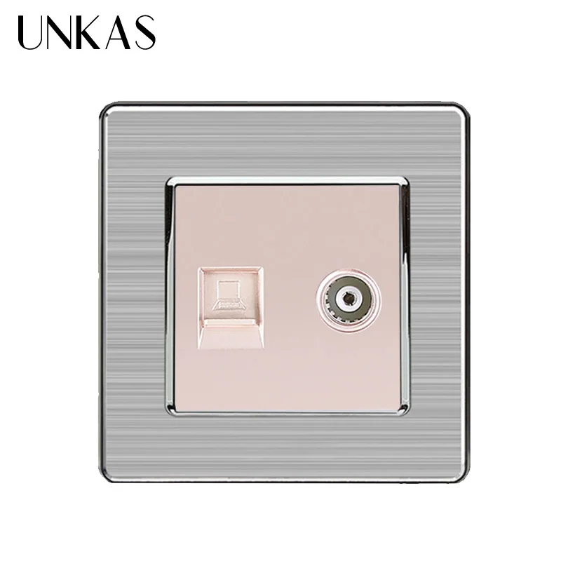 UNKAS, нержавеющая сталь, матовая панель, настенная розетка, 2 комплекта, RJ45, Интернет-данные, компьютерный разъем, CAT5E, разъем с женским ТВ-выходом - Тип: Gold