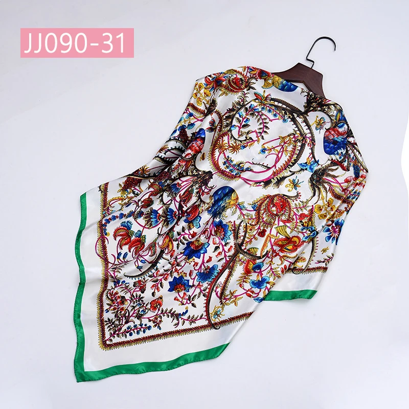 90*90 см квадратный шарф для женщин, подходит ко всему, элегантные цветочные шарфы для волос, Женская бандана, весна-осень, атласные шелковые шарфы, шаль - Цвет: JJ090-31
