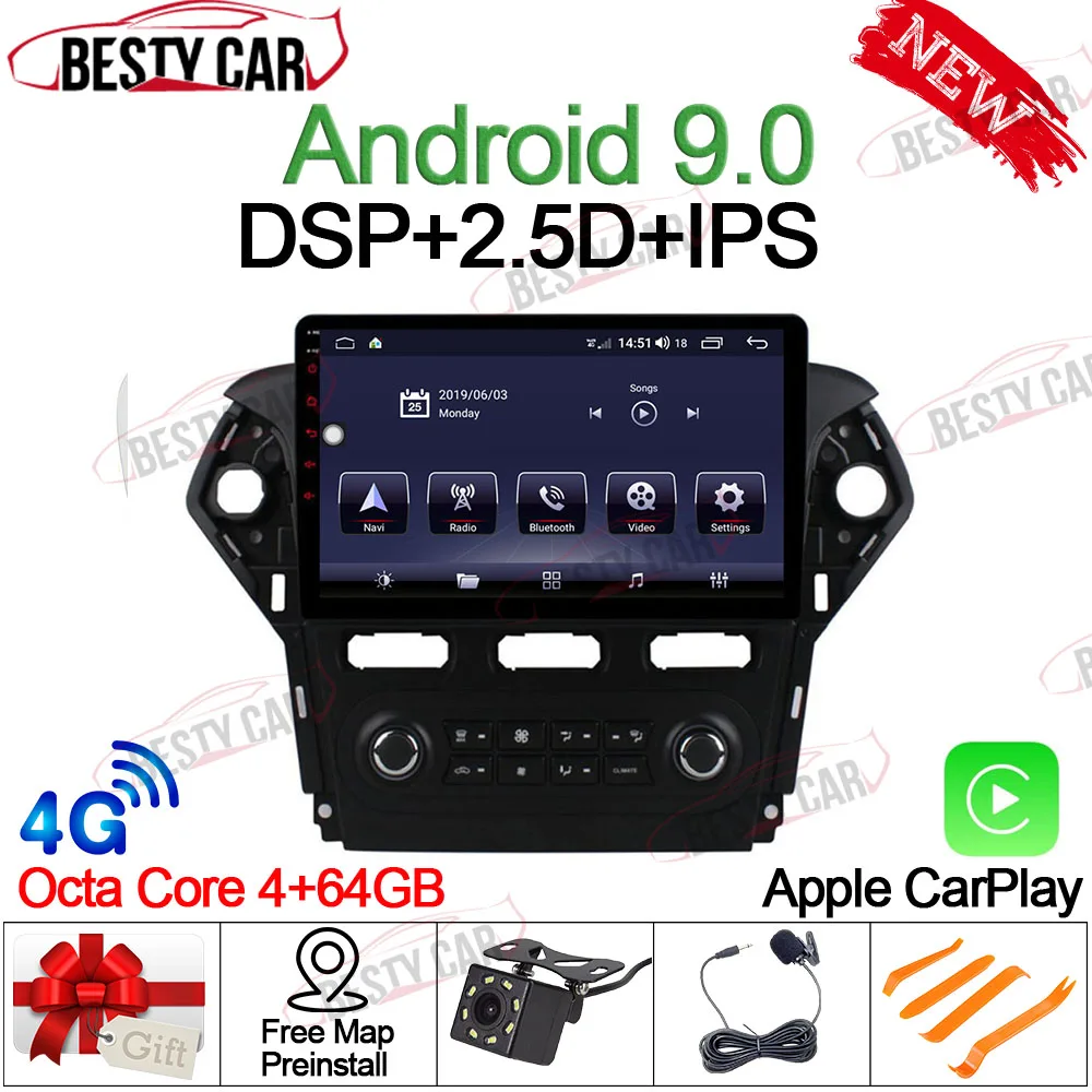 4-64GB-DSP-CARPLAY " Android 9,0 автомобильный мультимедийный плеер стерео радио для Ford Mondeo 4 2010 11 12 13 14 авто/ручной gps навигация головное устройство wifi - Цвет: 4-64GB-DSP-CARPLAY