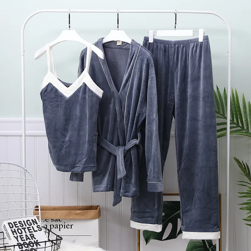 Фланелевая женская зимняя теплая Пижама, комплект из 3 предметов, теплая пижама с длинными рукавами для русской зимы - Цвет: gray