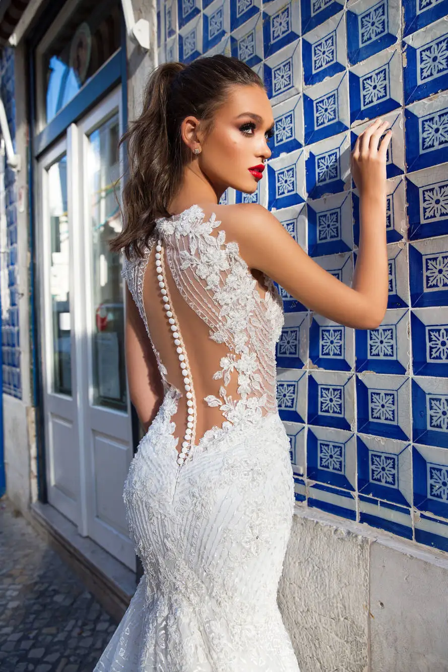 Vivian's Bridal Новое роскошное свадебное платье Русалка сексуальное иллюзионное кружевное платье с круглым вырезом и аппликацией, расшитое блестками и бисером, свадебное платье из органзы