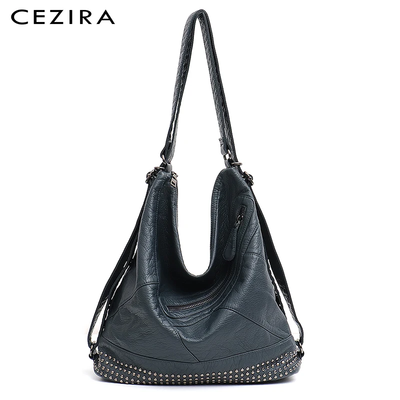 

CEZIRA PU Washed Leather Women Backpack Design Ladies Large Shoulder Bags Fashion Rivet Function School Bag knapsack Travel Bag