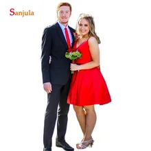 Короткие платья для выпускного, длина до колена, v-образный вырез, а-силуэт, дешевые платья для выпускного вечера, красное атласное платье для выпускного вечера, платья abiti cerimonia D1325