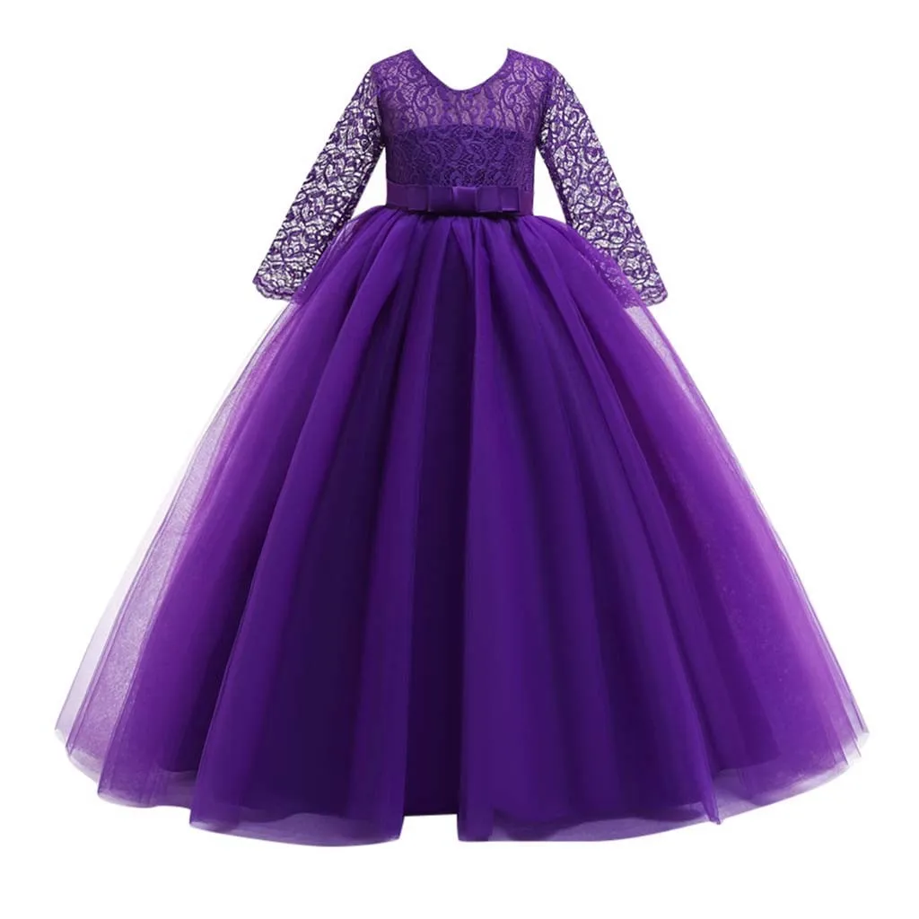 Платье Детское кружевное платье принцессы с бантом для девочек; торжественное платье-пачка для свадебного торжества; одежда платья для девочек с коротким рукавом для вечеринок - Цвет: Purple