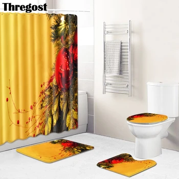 

Thregost Bathroom Mats Set 3 pcs with Shower Curtain Waterproof Christmas Cartoon Printed Bath Decor Memory Foam Rugs