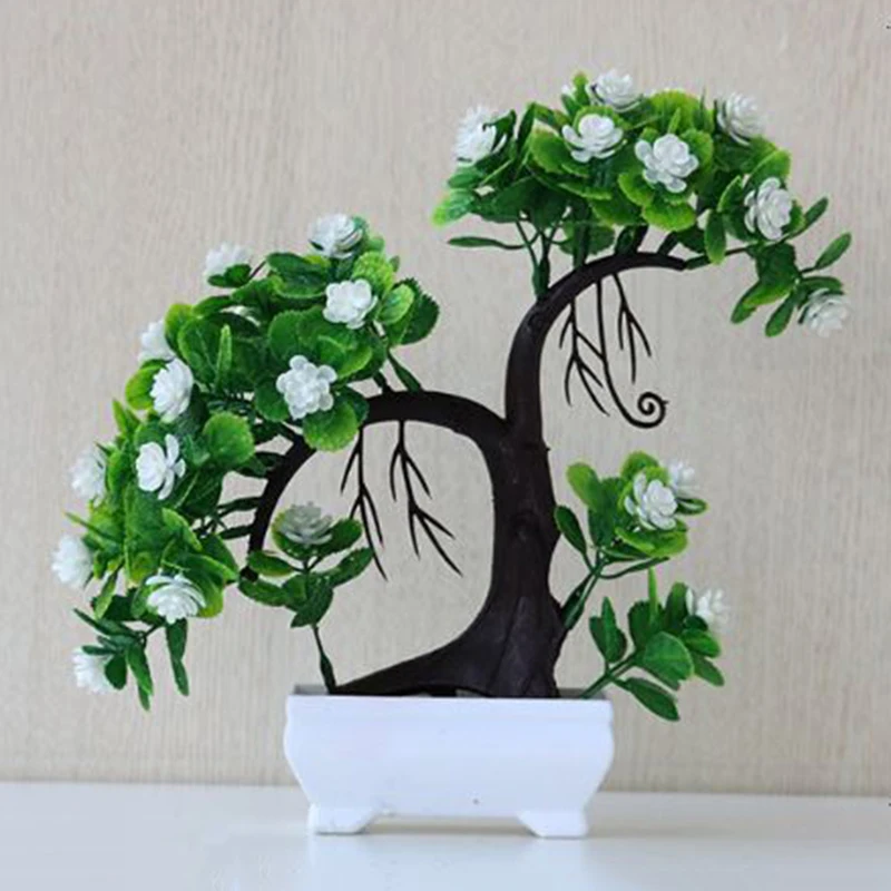 Artificial Bonsai Flower Tree Potted Welcoming Fake Plant Home Window Decoration - Color: White