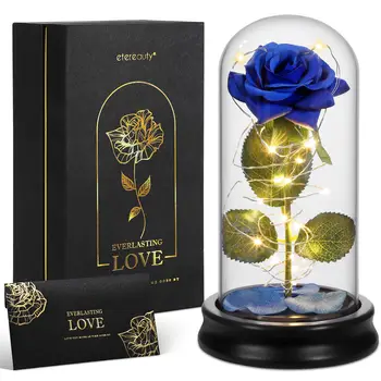 

ETEREAUTY Artificial Rose In Luxury Glass Dome With LED Lights Gift Box For Valentine'S Day Mothers Day Anniversary Wedding Gift