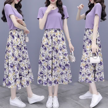 

Purple Long Skirt Female 2020 New Summer Temperament Chiffon Dress Floral Two Piece Set Skirt Women Clothes
