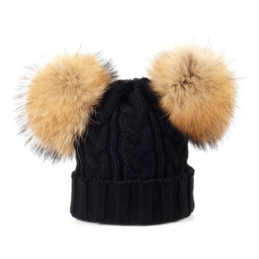 13 CM POM POM Милая шапка с черепом и помпонами из натурального меха для мальчиков и девочек, детская зимняя теплая Шапка-бини - Цвет: 13 CM POM POM