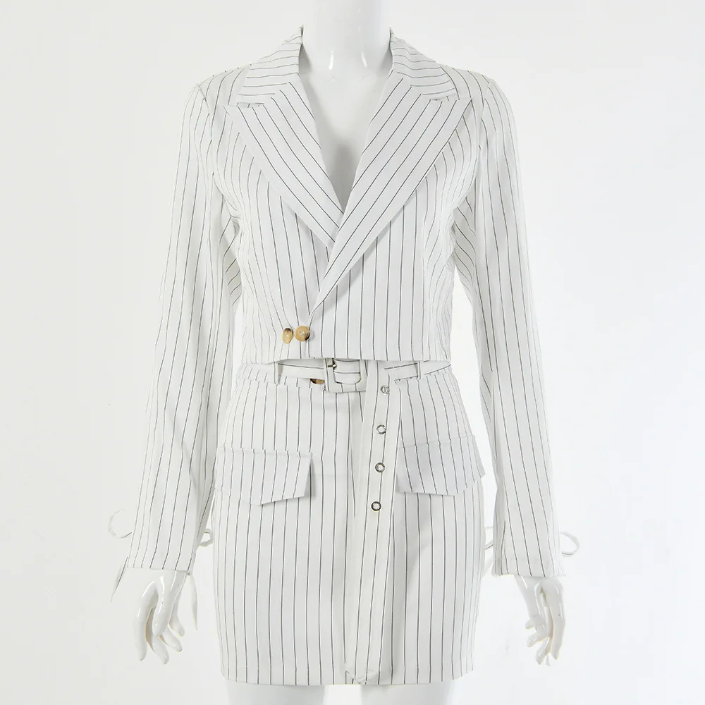 Shstyle, белая офисная одежда в полоску для женщин, женский костюм с юбкой, комплект с блейзером, куртка с ремнем, комплект из 2 предметов, осенняя уличная мода - Цвет: white