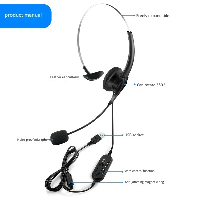 Telephone Headset Call Center Operator USB Corded Offical Headphone with Mini for Computer Laptop PC