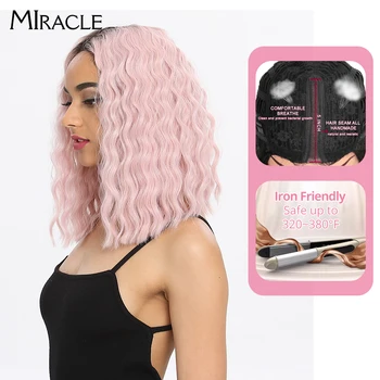 

Miracle Pink Water Bob Wig For Women Blonde Deep Wave Synthetic Hair Middle Part Curly Wave Lace Front Wig Pouple Cosplay Wig