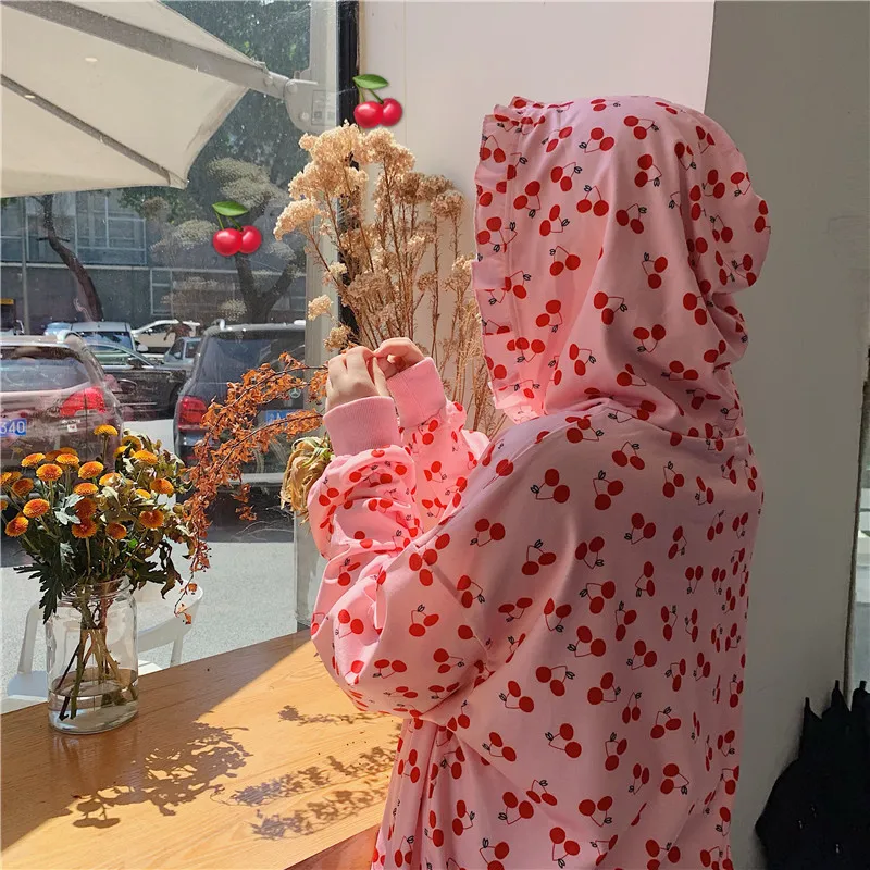 Корейская японская Лолита с оборками с капюшоном Kawaii милый Вишневый принт свободная Лолита Студенческая девушка Женская Толстовка Пуловер толстовки розовый