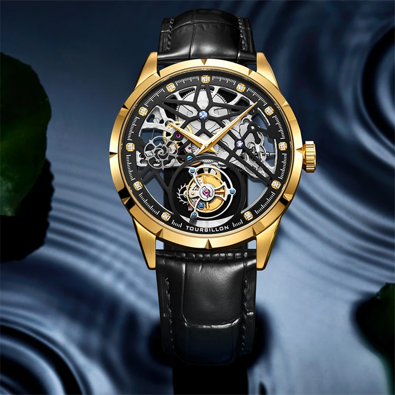 100% Оригинальные механические мужские часы Tourbillon сапфировые Мужские с скелетом
