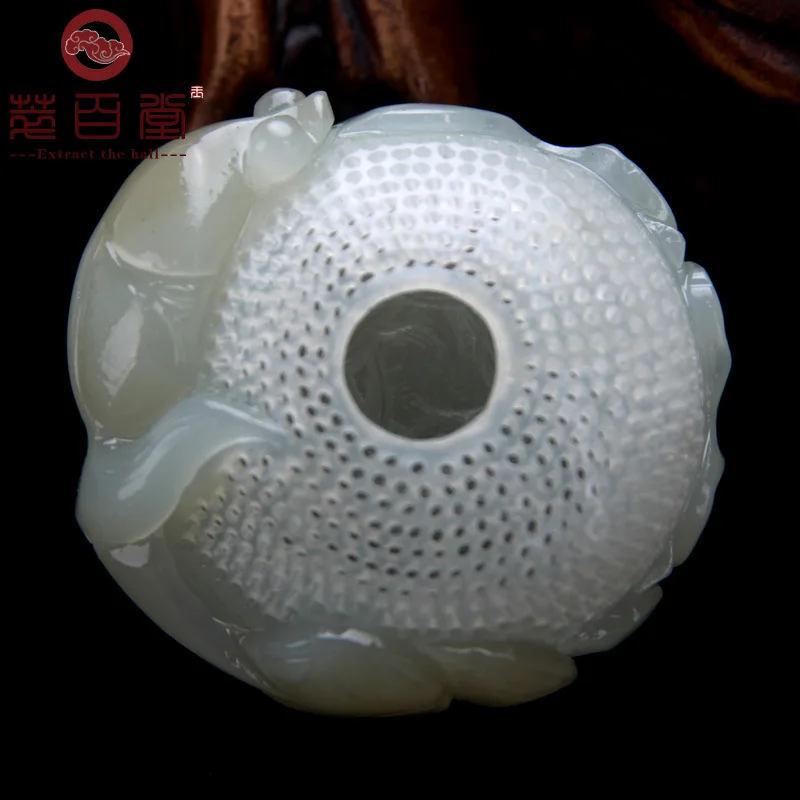 

Natural Bluish White Xinjiang Hotan Jade Gold and Jade Basket Pendant Fashion, Handmade Exquisite Carving Hollow Necklace
