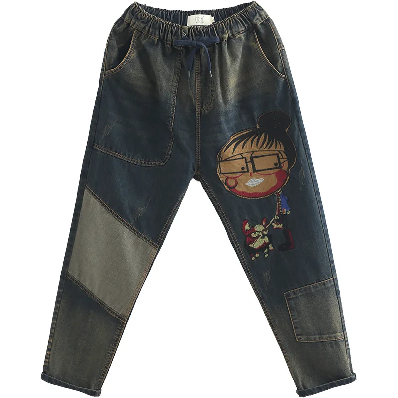 OMIKRON для женщин Осень Новая мода Винтаж мультфильм джинсы с вышивкой Женские повседневные Лоскутные эластичные шаровары брюки