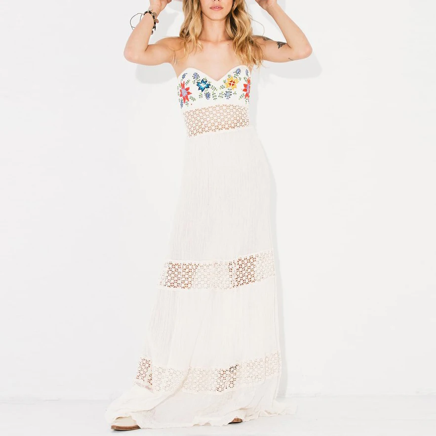

Boho Floral Embroidered Strap Maxi Dress Women Sleeveless Lace Patchwork White Rayon Dresses Summer Casual Beach Holiday Dresses