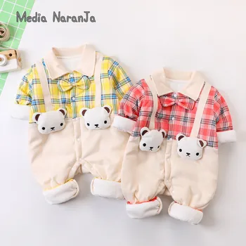 

Baby boy girl unsiex winter cartoon clothes infant long sleeve cotton warm bear plaid romper twins clothing