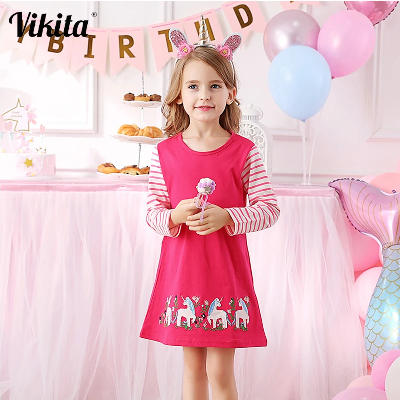 VIKITA Baby Girl Dress with Animal Applique Vestidos Striped Cotton Kids Unicorn Party Dresses for Girls Clothes Casual | Детская одежда
