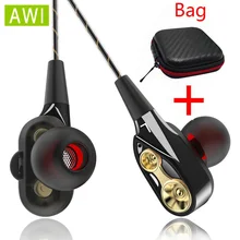 Наушники AWI с двойным приводом и регулятором громкости, игровые гарнитуры с сабвуфером, спортивные наушники для телефона