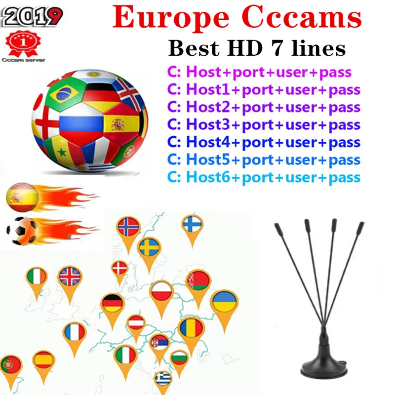 Европа HD кабель 1 год CCams для спутникового ТВ ресивера 7 Clines wifi FULL HD DVB-S2 поддержка Испания Cccams cccam cline ccam сервер