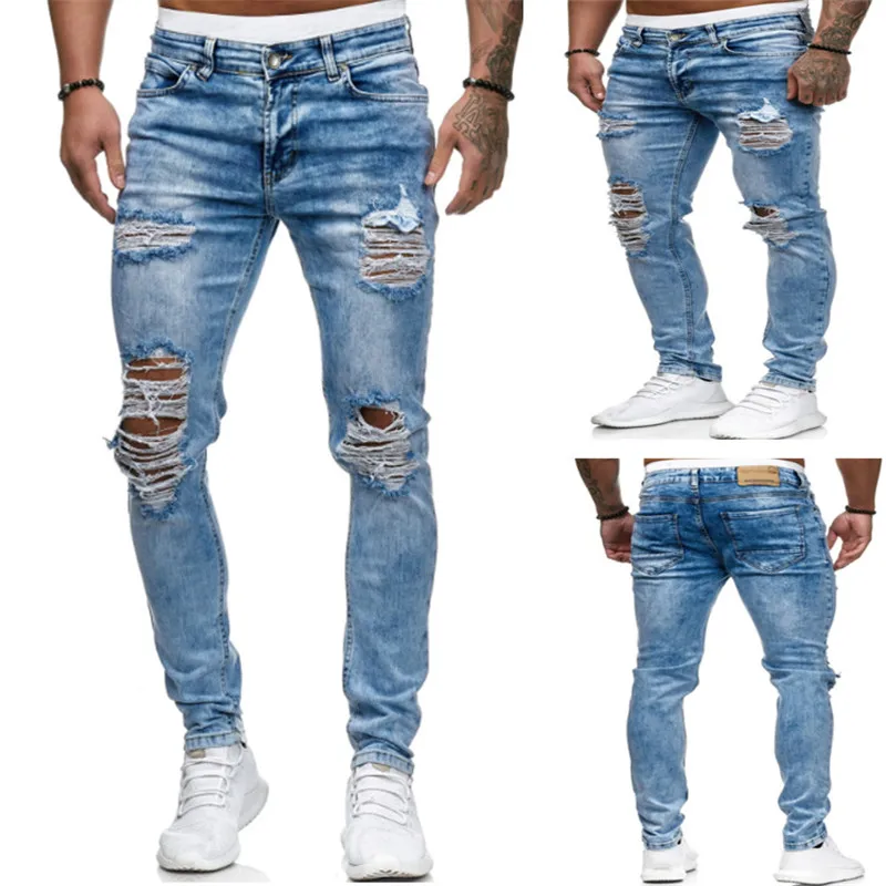 Мужские джинсы стрейч с дырками, дизайнерские длинные джинсы, повседневные мужские штаны, модный светильник, синие мужские брюки с эффектом потертости