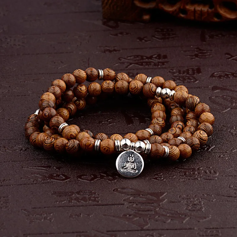 Multilayer Wood Beads Buddha Lotus OM Bracelet Tibetan Buddhist Mala Charm Rosary Bracelet - Image 6