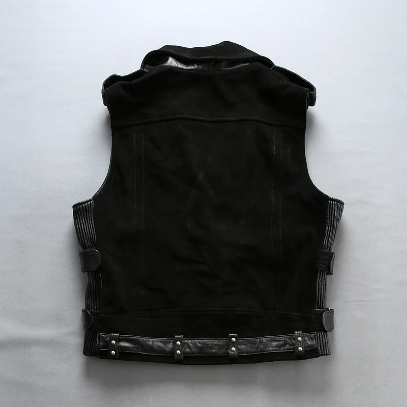 

Fashion Genuine Men Slim Fit Cowskin Leather Motorcycle Biker Vest Turn-down Collar Short Coat