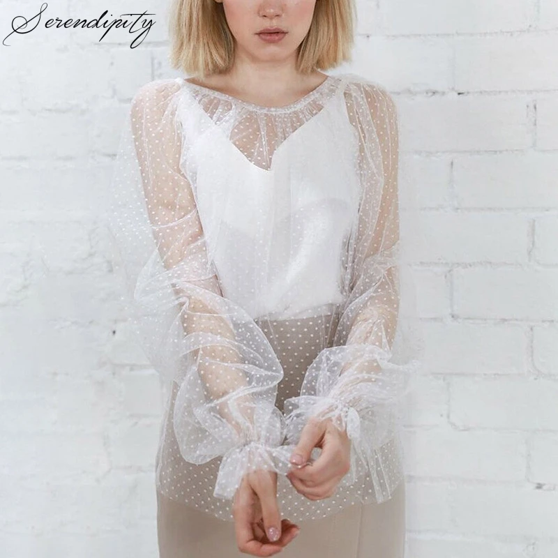 

SRDP White Polka Dot Mesh Lace Transparent Women Blouse Shirt Autumn Streetwear Sexy Long Sleeve Top Loose Female Blouse Blusa