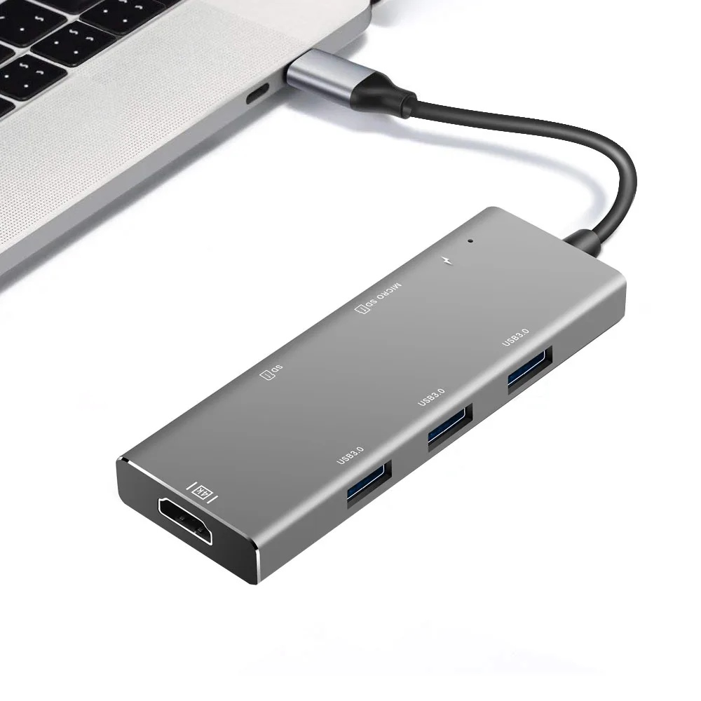 

USB C Hub 7 in 1 Type C Adapter Ultra Slim Multiport Data Adapter to 4K HDMI SD Card Reader 3 USB 3.0 Port for Type-C Devices