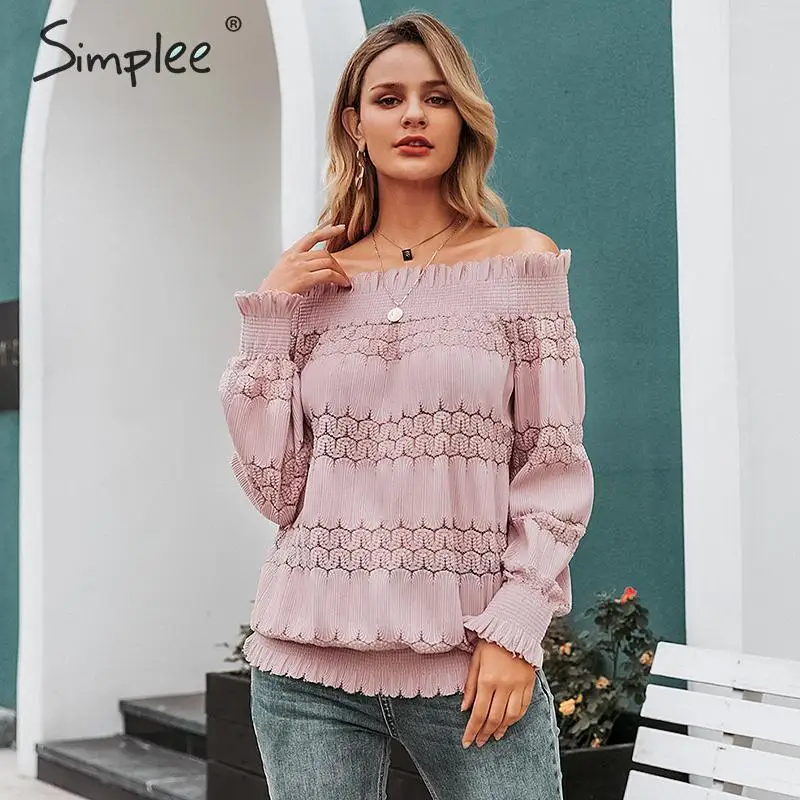  Simplee Ruffled off shoulder women blouse shirt Elegant lace elastic hollow out female tops Autumn 