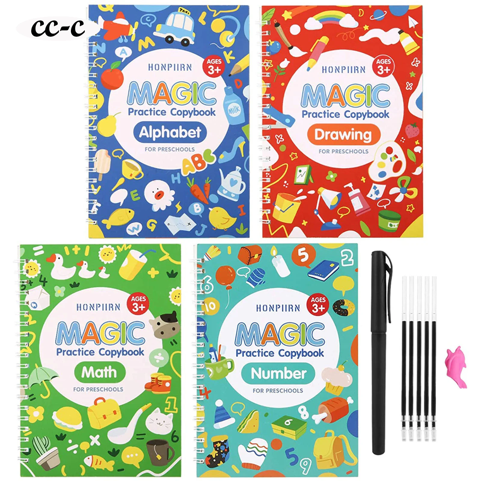 Libro mágico de práctica con 4 libros y bolígrafo para niños, juguete de escritura con pegatina, cuaderno en inglés para caligrafía Montessori, Juguetes