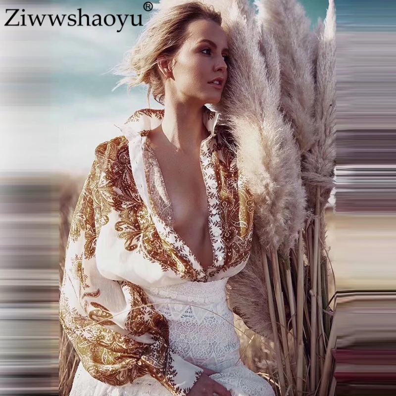 Ziwwshaoyu/Осенняя шелковая+ льняная рубашка с рукавами-фонариками и золотым принтом в стиле ретро, изысканная Высококачественная женская рубашка с длинными рукавами
