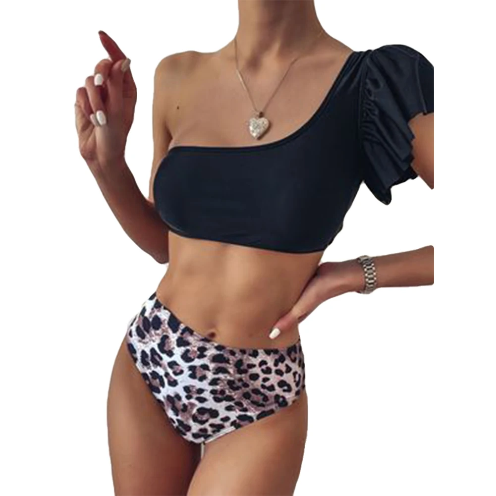 

Women Sexy Bikinis One Shoulder Bikini Suits Ruffles Solid Color Top Leopard High Waist Thong Split Swimming Costume
