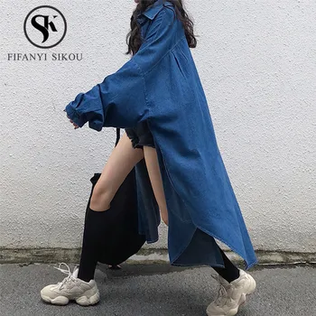 

Oversized Denim Shirt Coat Women 2020 New Fashion Womens Tops and Blouses Loose Long sleeve Double Pocket Denim Long Shirts