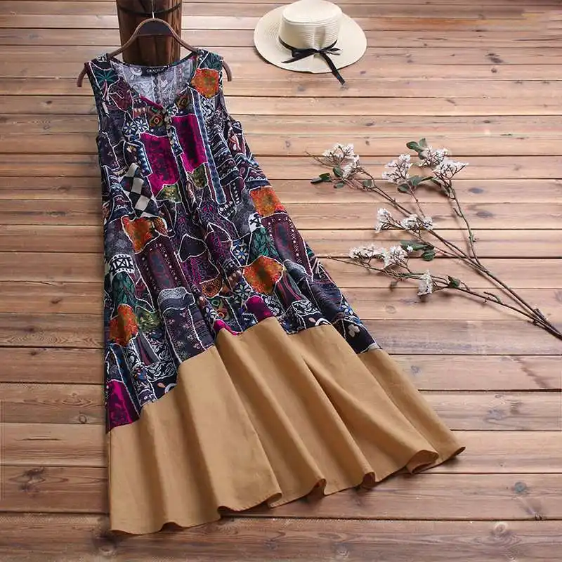 

Vintage Women Floral Printed Pacthwork Summer Dress Femme V Neck Sleeveless Sundress Retro Tanks Vestido Robe Party Sarafans 5XL