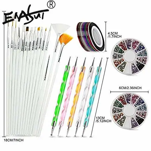 Nail Art Brushes Teenitor 3d Nail Art Paiting Polish Design Kit with 15 Nail gel Brushes Nail Dotting PenNail Rinestones Kit