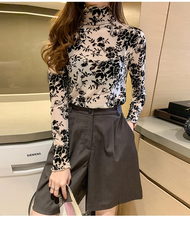 Korean Fashion Mesh Women Blouses Office Lady Shirt and Blouse Long Sleeve Floral Blusas Largas Loose Womens Sexy Tops