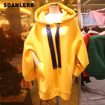 

Oversized Coat Women Spring Autumn Cap Coats Long Korean Style BF Loose Sweatshirt Hollow Out Sleeve Hoodies Student Pull Femme