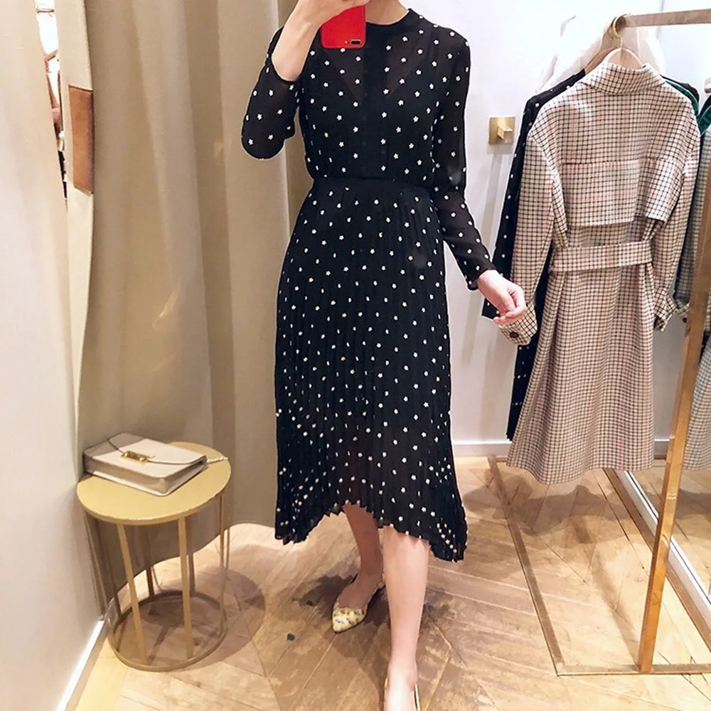 

2020 Spring Summer New Fashion Flower Embroidery Long Sleeve Dress Women Elegant Long Irregular Skirt Lady Chiffon