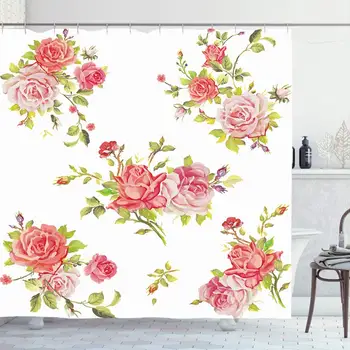 

Shower Curtain Set with Hooks 66x72 Beauty Growth Summer Flowers Border Branch On White Nature Painting Spring Red Rose Baroque