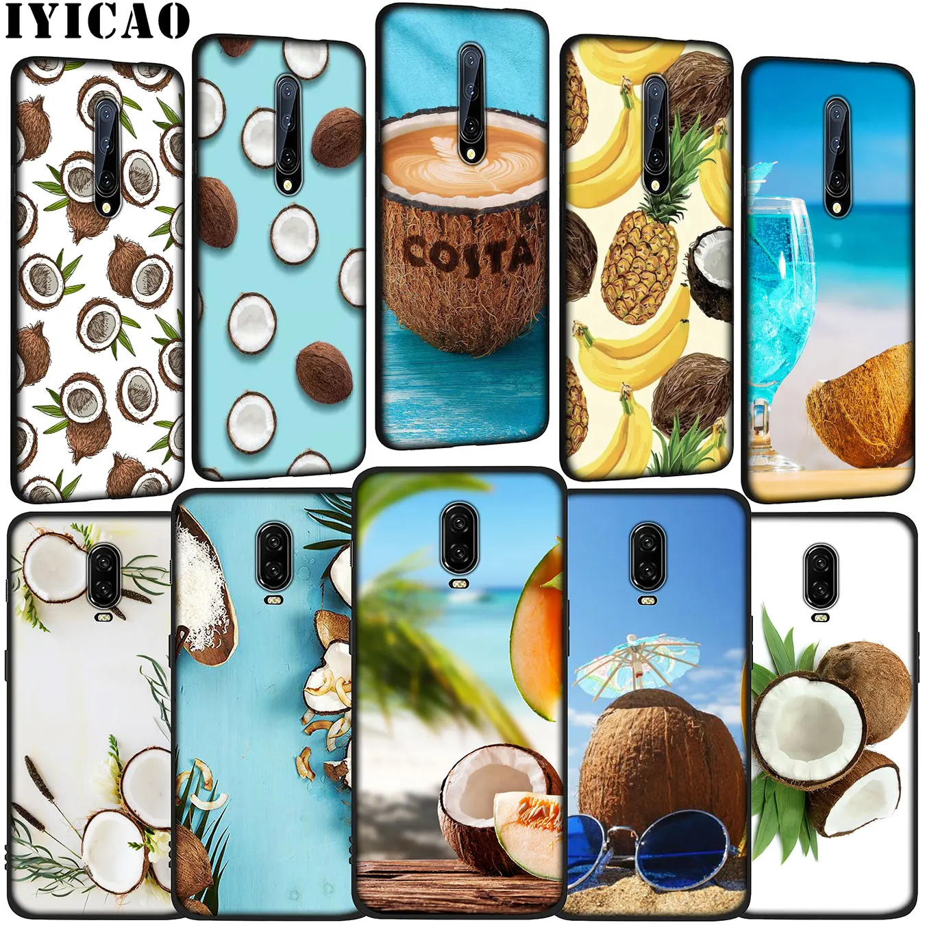 IYICAO Fruit Coconut In Blue Sky Beach Soft Silicone TPU Black Phone Case for OnePlus 7T 7 Pro 6T 6 5T 5 One Plus 7Pro Cover |