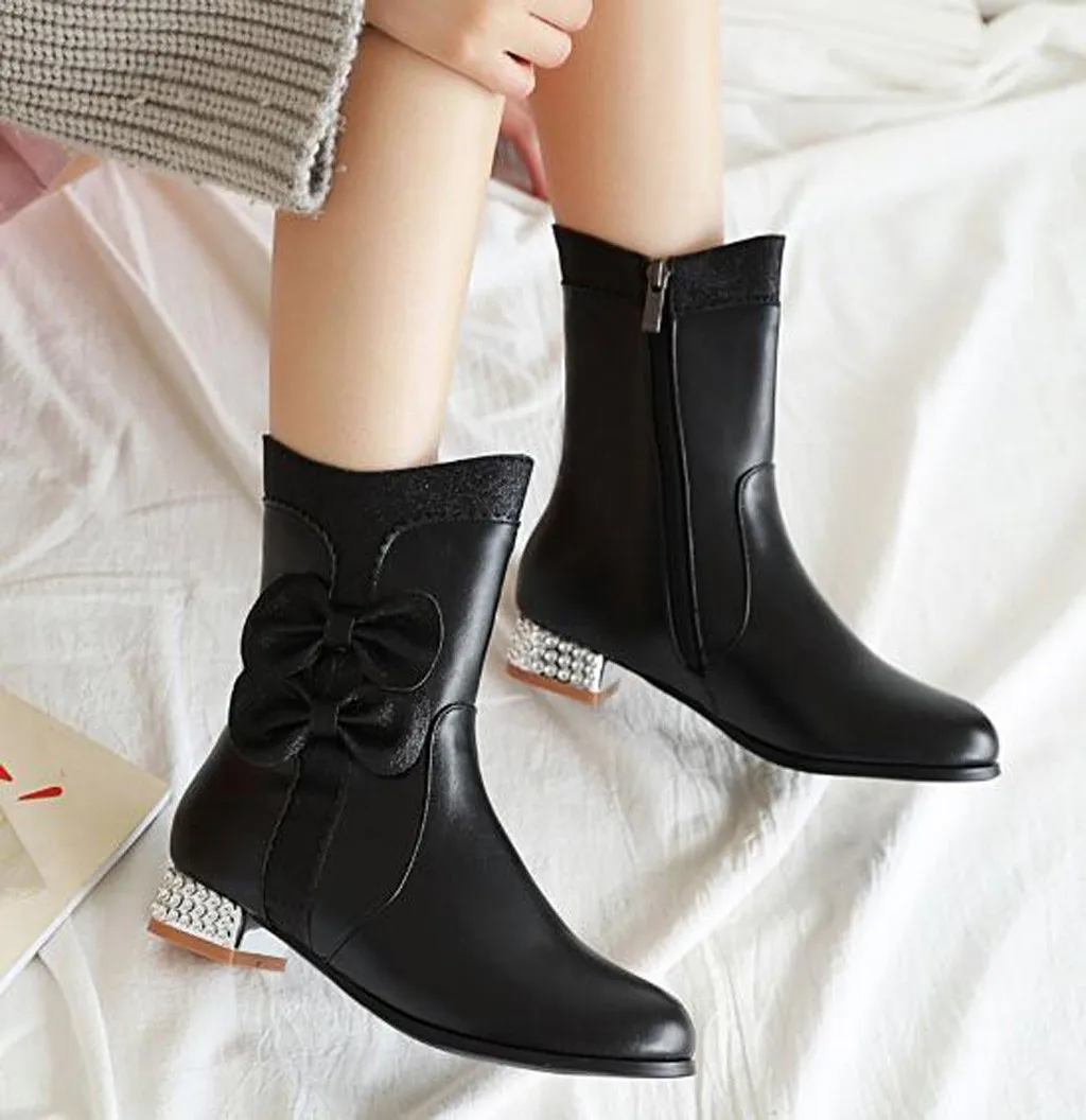 

Cute Bow Women Ankle Boots Winter Platform Round Toe Shoes Ladies Zipper Leather Booties Short Plush Warm Winter Shoes For Girls