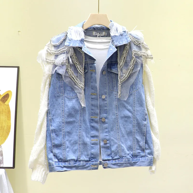 

2020 Spring Autumn New Knitted Sleeves Stitching Beaded Diamond Lace Decoration Loose Long Sleeve Denim Cropped Jacket Jackets