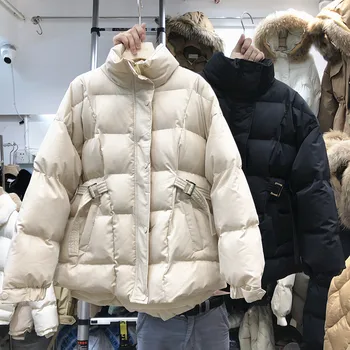 

New Autumn Winter Women Cotton-padded Coat Solid Color Stand Collar Long Sleeve Outwear Slim Waist Students Down Jackets