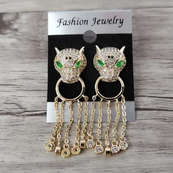 

1 Pair Micro Pave Crystal CZ Green Eye Leopard Tassels Charm Dangle Earrings For Women Fashion Jewelry Good Gift ER1120